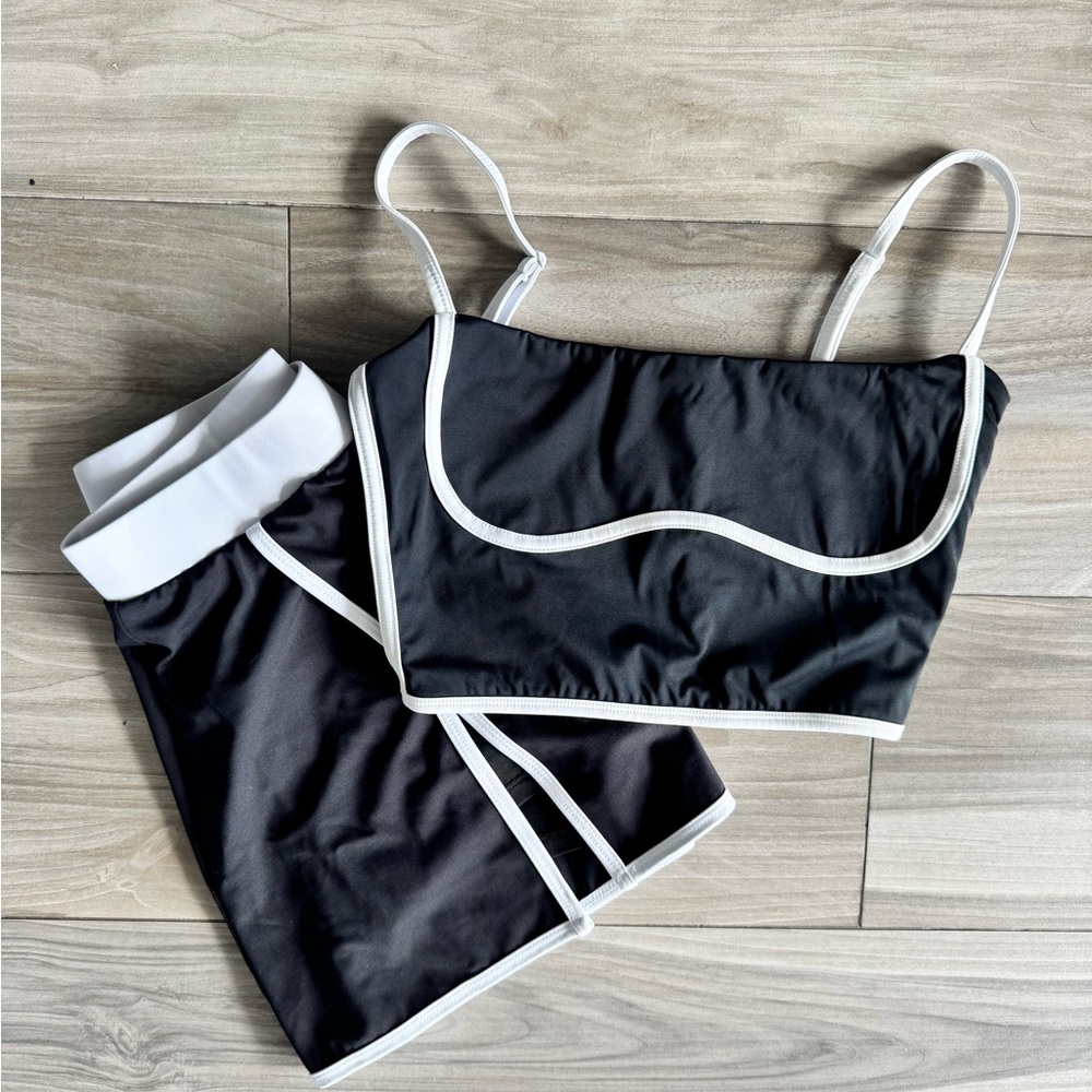 Black and White Sports Bra and Shorts Set